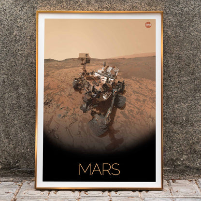 Mars exploration rover by NASA on the Martian surface in the Rover on Mars poster with NASA logo in top right corner, framed and displayed in home decor