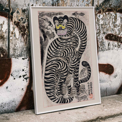 Vintage Japanese style poster of a bold striped tiger with birds by Talismanic tiger perfect for home wall decor, framed and displayed in home decor