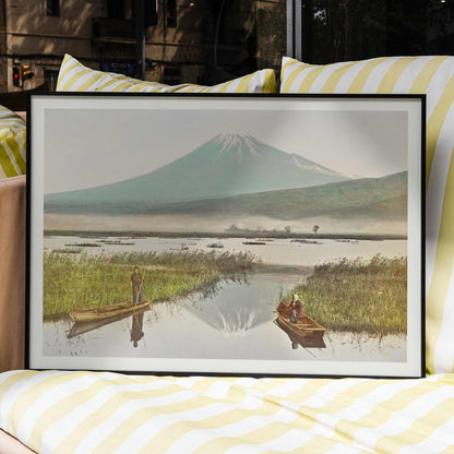 Mount Fuji from Kashiwabara with boats on tranquil lake hand colored albumen print and poster by Kazumasa Ogawa, framed and displayed in home decor