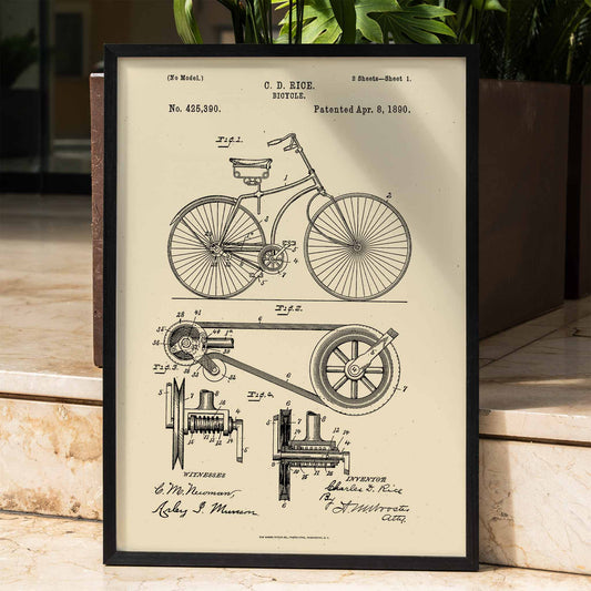 Bicycle technical illustration and mechanical parts drawing by C D Rice from Bicycle patent displayed on vintage background, framed and displayed in home decor