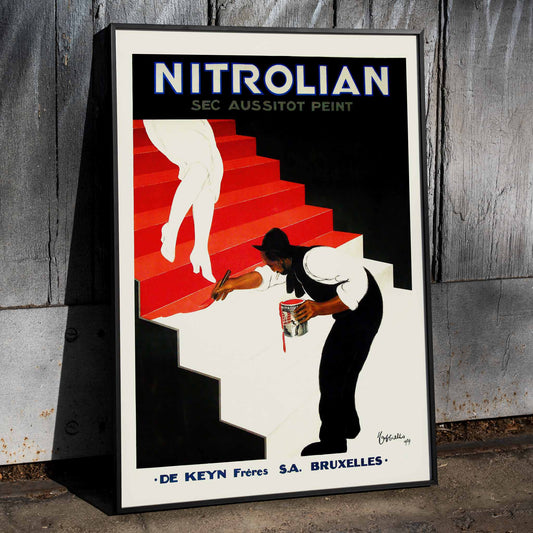 Vintage art poster Nitrolian by Leonetto Cappiello showing a painter on red and white stairs with a paint can, framed and displayed in home decor
