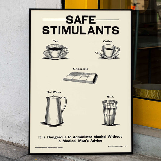 Dominion Scientific Temperance Committee illustration and poster promoting prohibition and safe alternatives to alcohol such as tea coffee chocolate hot water and milk, framed and displayed in home decor