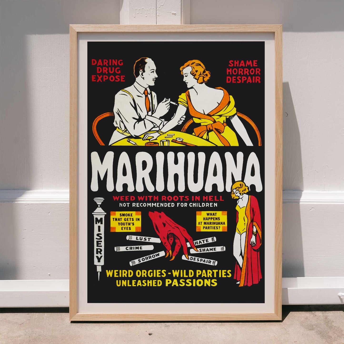 Marihuana movie poster with dramatic illustrations cautionary captions and text highlighting the dangers and consequences of marijuana use, framed and displayed in home decor