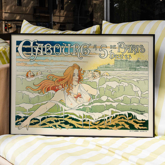 Art Nouveau poster of a red haired woman with flowing hair swimming in the sea near Casino De Cabourg by Henri Privat Livemont, framed and displayed in home decor