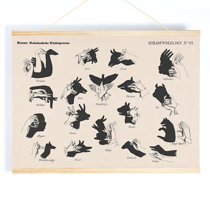Vintage hand shadow puppet illustrations and animal shapes poster from Shadow Hands by George Lodewijk Funke artwork, with wooden magnetic frame on white background