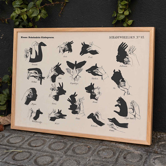 Vintage hand shadow puppet illustrations and animal shapes poster from Shadow Hands by George Lodewijk Funke artwork, framed and displayed in home decor