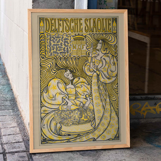 Poster of two women in flowing dresses with decorative swirling patterns and a salad oil bottle Delft Salad Oil by Jan Toorop, framed and displayed in home decor