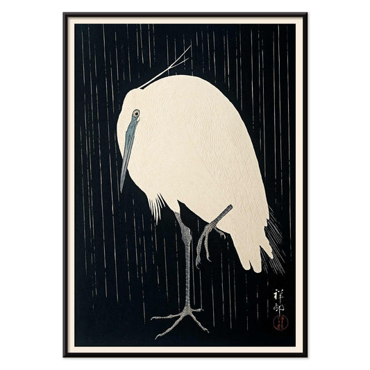 White egret standing in the rain art print poster with dark background by Ohara Koson, with black aluminium frame on white background