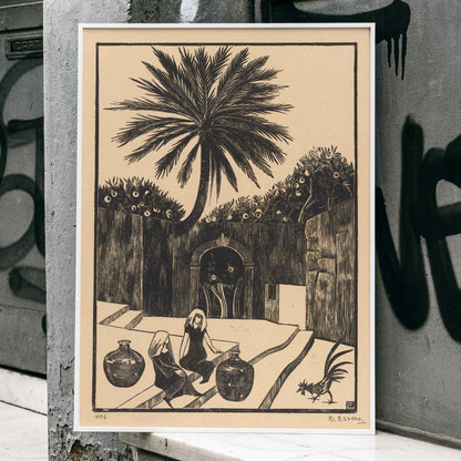 Street with steps in Taormina Sicily featuring palm tree two women with jugs and figures outdoor scene artwork by Bernard Essers, framed and displayed in home decor
