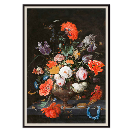 Colorful bouquet of flowers in a vase with a watch vibrant floral arrangement by Abraham Mignon Still Life with Flowers and a Watch poster, with black aluminium frame on white background