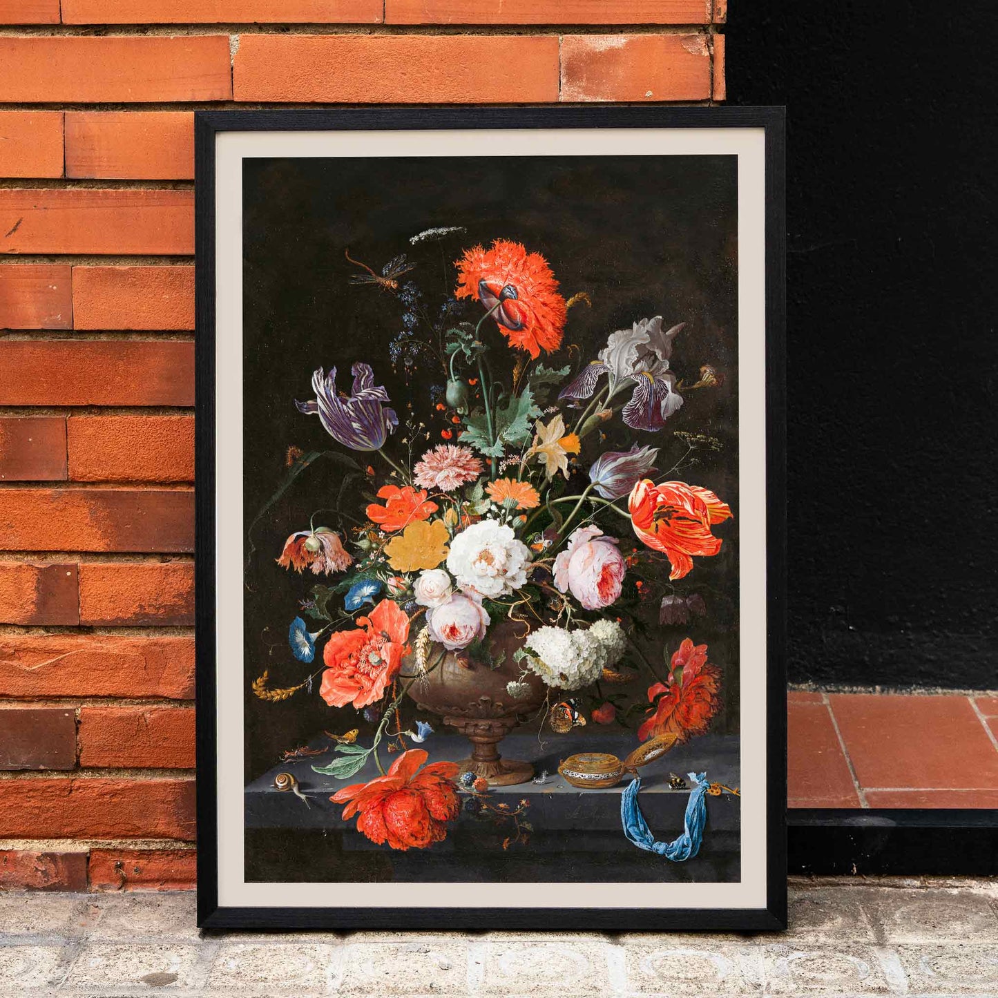 Colorful bouquet of flowers in a vase with a watch vibrant floral arrangement by Abraham Mignon Still Life with Flowers and a Watch poster, framed and displayed in modern living room decor