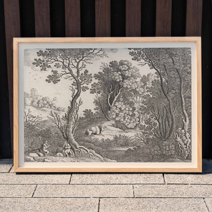 Mercury playing the flute in a detailed forest landscape with trees animals and natural scenery by Willem van Nieulandt poster, framed and displayed in modern living room decor