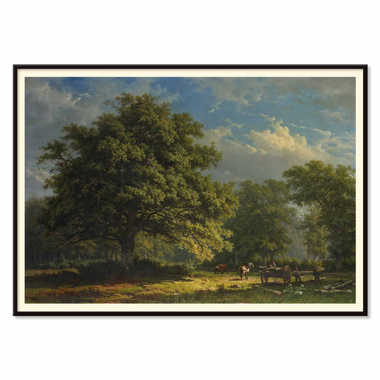 Pastoral landscape poster of The Bentheim Forest by George Andries Roth showing lush green forest large trees and people working with horses, with black aluminium frame on white background