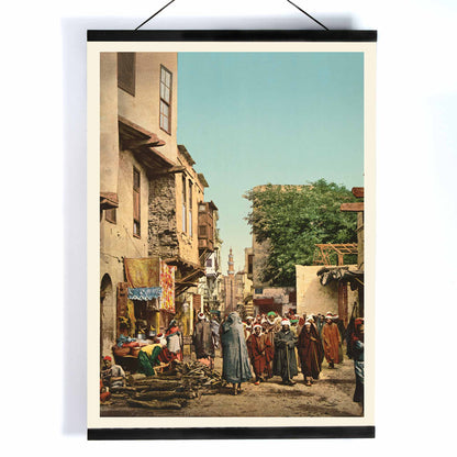 Street scene in North Africa vibrant market view busy street with people artwork by unknown artist poster, with wooden magnetic frame on white background