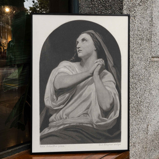 Black and white artwork of a praying woman with folded hands and serene expression by Dirk Jurriaan Sluyter, framed and displayed in home decor