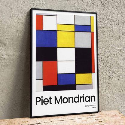 Abstract geometric art poster with colorful squares and rectangles by Piet Mondrian Composition A modern wall decor, framed and displayed in home decor