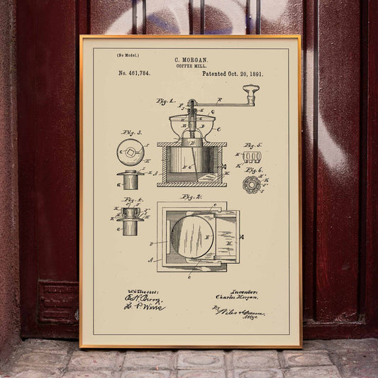 Vintage mechanical drawing and patent sketch of a coffee grinder titled Coffee Mill by C Morgan featuring detailed illustrations and technical specifications, framed and displayed in home decor
