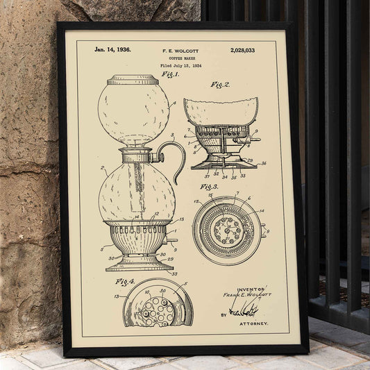 Vintage patent drawing and blueprint poster of Coffee Maker by F E Wolcott featuring detailed diagrams, framed and displayed in home decor