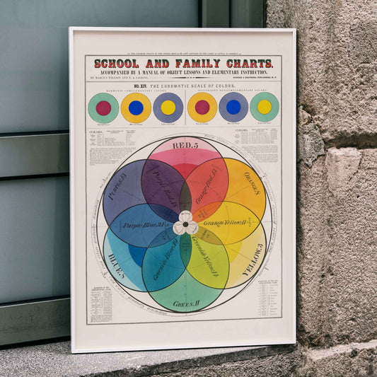 Color wheel and chromatic scale chart by Marcius Willson featuring labeled color sections and titled The Chromatic scale of colors, framed and displayed in home decor