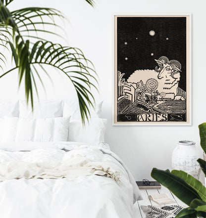 Aries constellation and artistic ram illustration by Henri van der Stok with stylized landscape and stars Zodiac signs Aries poster, framed and displayed in home decor