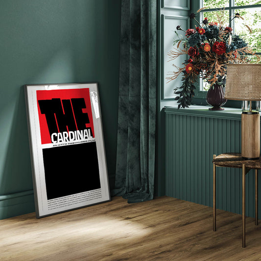 Minimalist graphic design of The Cardinal Movie poster by Saul Bass featuring bold black and red graphics large text and a minimalist style, framed and displayed in home decor