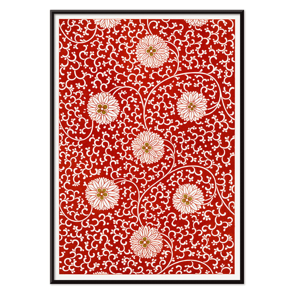 Red floral pattern artwork by Owen Jones from Chinese Ornament featuring intricate white flowers and swirling vines poster, with black aluminium frame on white background