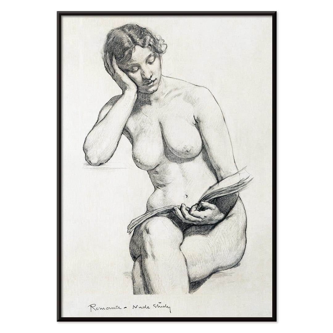 Nude Study 1896 by Kenion Cox pencil sketch of a seated nude woman reading a book contemplative expression art poster, with black aluminium frame on white background