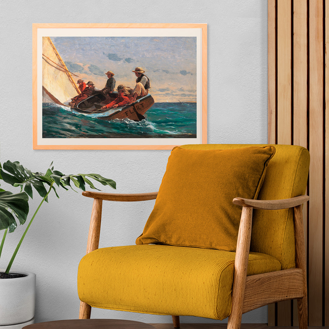 Sailboat crew navigating ocean waves and people sailing on a boat in the sea The Flirt by Winslow Homer, framed and displayed in home decor