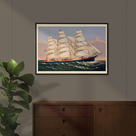 Clipper Ship Three Brothers by Currier and Ives majestic sailing ship poster at sea largest vessel in the world, framed and displayed in home decor