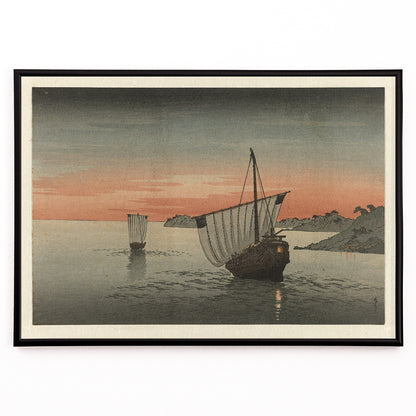 Closeup detail of Two sailing ships at sunset along the coast by Yoshimune Utagawa with boats on calm waters near rocky shore poster artwork