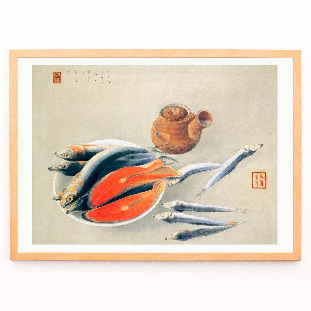 Closeup detail of Salmon Slices and Sardines by Tsuchida Bakusen poster featuring fish and teapot still life kitchen wall art decor