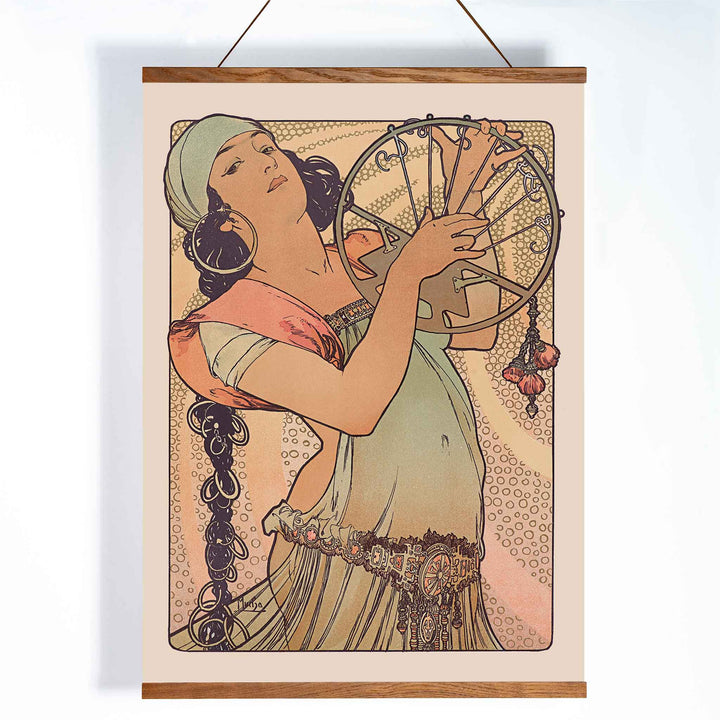 Alphonse Mucha Salome Art Nouveau poster elegant woman holding decorated circular motif in soft peach beige and green tones, with wooden magnetic frame on white background