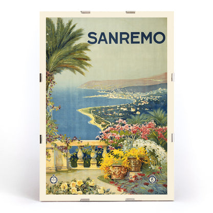 Scenic coastal landscape of Sanremo with flowers palm trees and sea view poster wall decor travel inspiration, framed and displayed in modern living room decor
