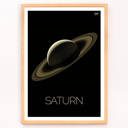 NASA illustration and poster of planet Saturn with rings against black background, framed and displayed in modern living room decor