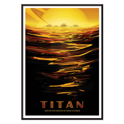 Futuristic boats on golden waves with Saturn in the background at sunset inspired by Titan Ride the tides through the throat of Kraken by NASA, with black aluminium frame on white background