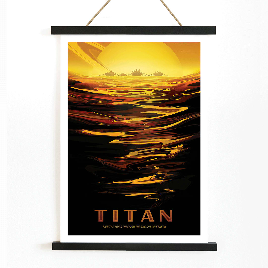 Futuristic boats on golden waves with Saturn in the background at sunset inspired by Titan Ride the tides through the throat of Kraken by NASA, with wooden magnetic frame on white background