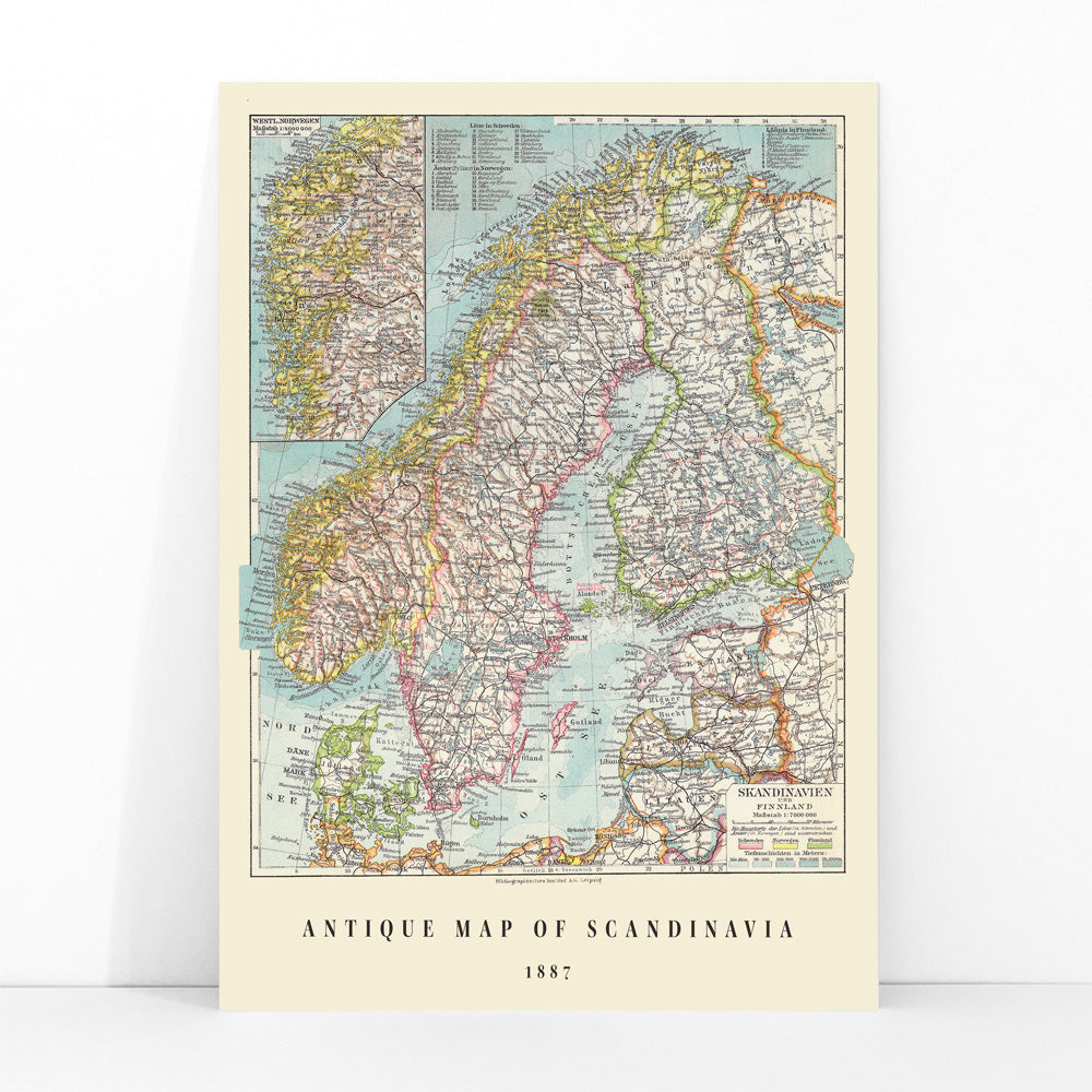 Vintage map of Scandinavia German antique wall art by Institute of Liepzig detailed geographic poster for home or office decor, framed and displayed in modern living room decor
