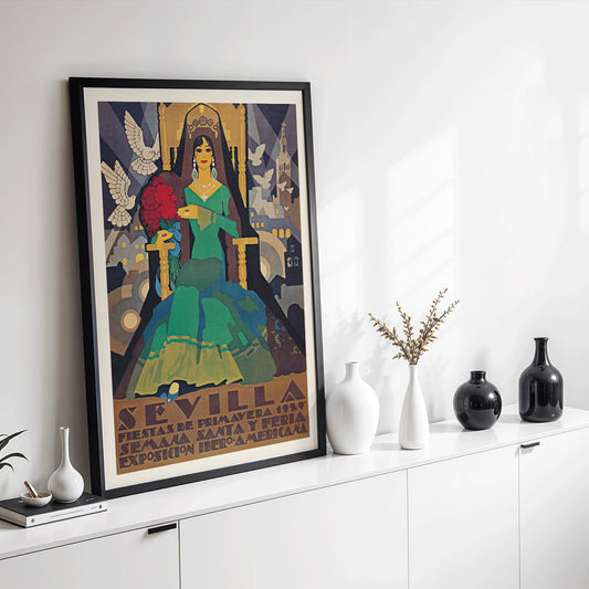 Art Deco illustrated poster of Sevilla Fiestas de primavera by artist featuring Semana Santa Feria Exposición Ibero-Americana and a woman in a green dress with doves and cityscape in the background, framed and displayed in home decor