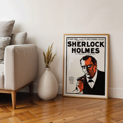 Sherlock Holmes Theater Poster by Arthur Conan Doyle and William Gillette featuring dramatic illustrated portrait of detective with pipe, framed and displayed in home decor