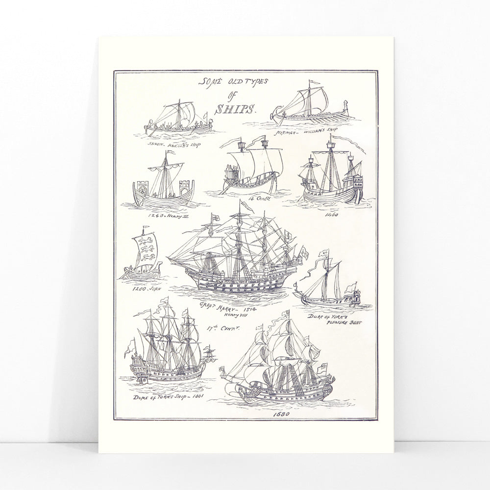 Historic ship illustrations and detailed pen sketches from Sea Pictures drawn with pen and pencil by James Macaulay, framed and displayed in modern living room decor