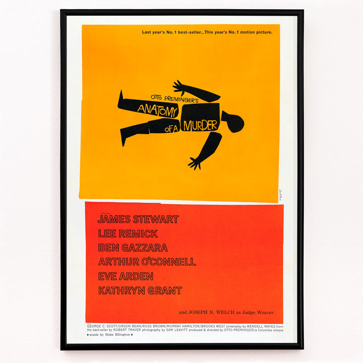 Closeup detail of Movie poster of Anatomy of a Murder by Saul Bass features a yellow and red design with a black silhouette of a body