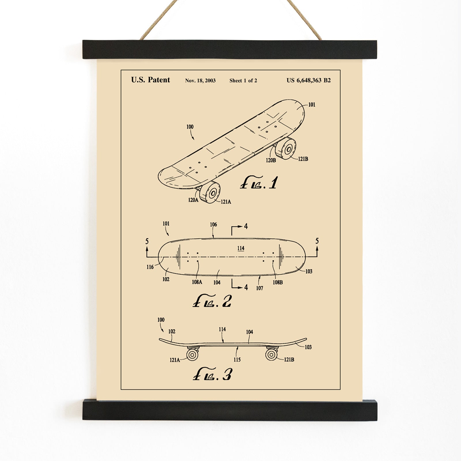 Skateboard patent drawing and technical poster by US Patents ideal wall art decor, with wooden magnetic frame on white background