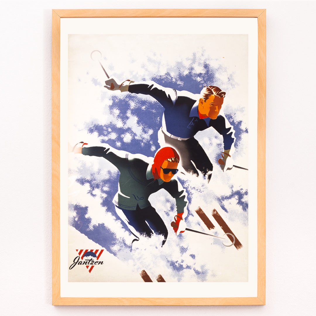 Closeup detail of Poster of man and woman skiing down snowy slope artwork by Joseph Binder