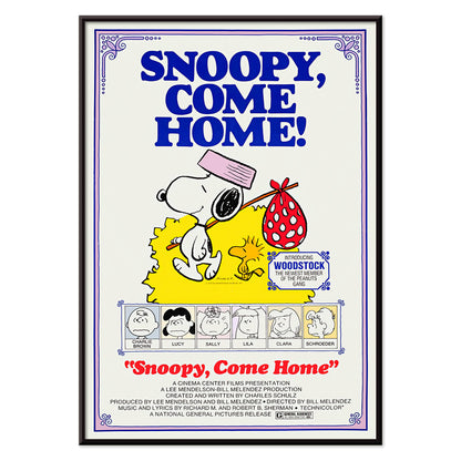 Snoopy Come Home movie poster by Charles Schulz featuring Snoopy Woodstock Lucy and Charlie Brown in colorful Peanuts illustration, with black aluminium frame on white background