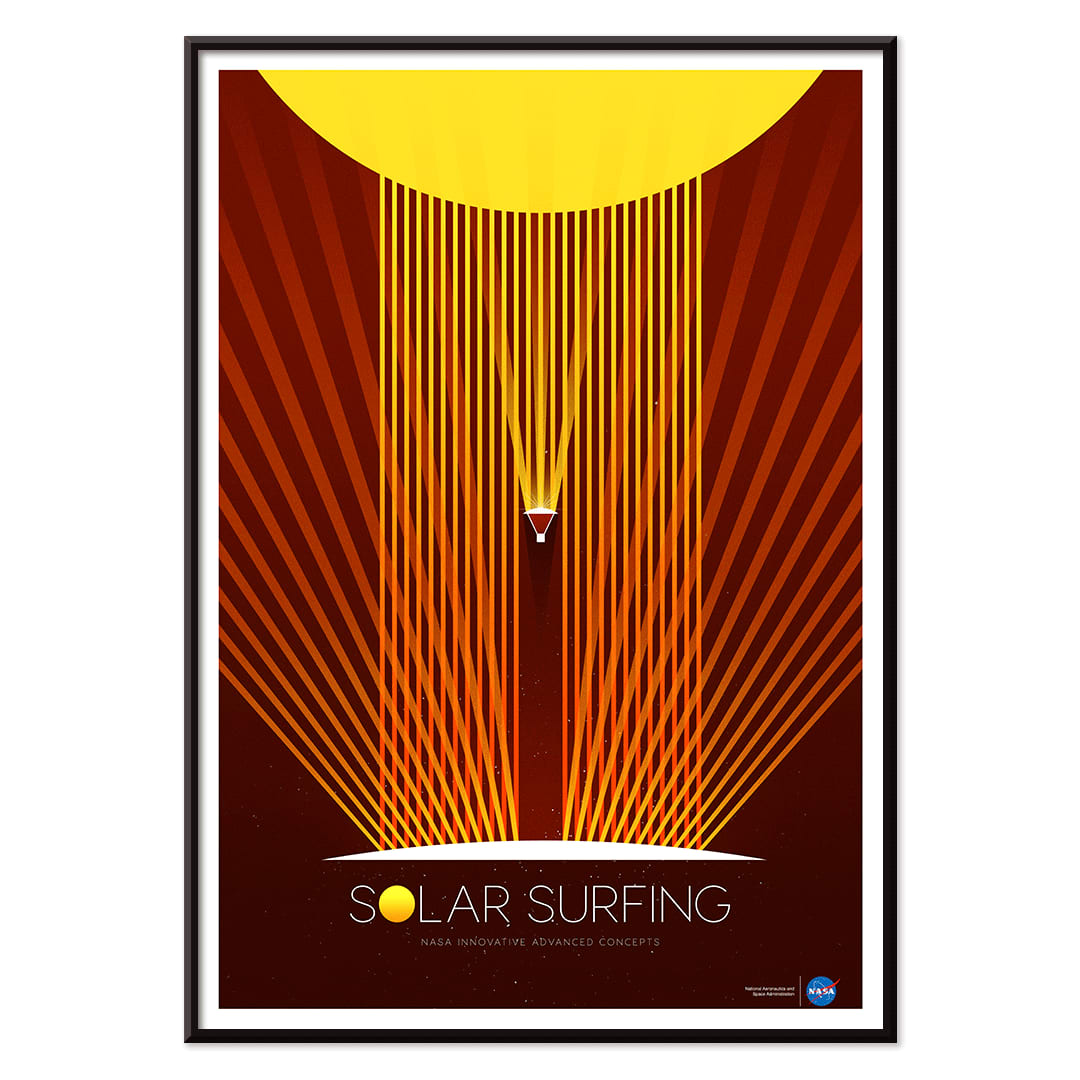 Solar Surfing by NASA poster featuring a stylized spacecraft surfing solar flares from a bright yellow sun with orange rays and geometric design, with black aluminium frame on white background
