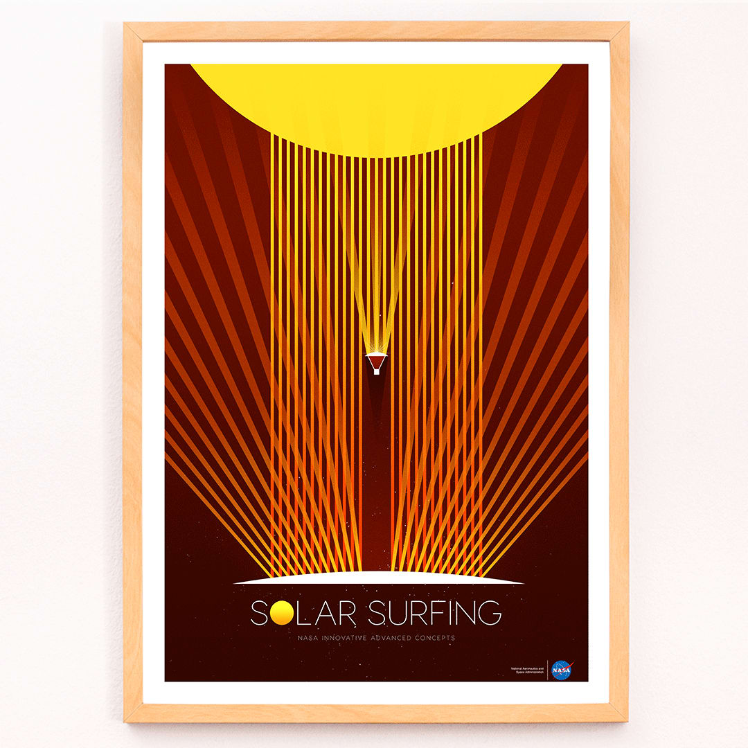 Solar Surfing by NASA poster featuring a stylized spacecraft surfing solar flares from a bright yellow sun with orange rays and geometric design, framed and displayed in modern living room decor