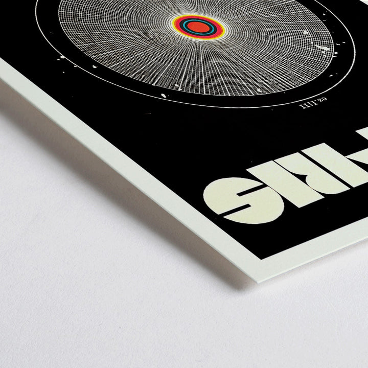 Closeup detail of Solaris Movie Poster abstract cosmic and circular design with intricate vibrant patterns on black background by Daniela Narvaez and anonymous artist