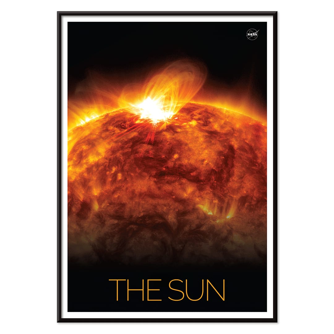 Vibrant NASA artwork of the Sun with solar flares titled The Sun 1 fiery depiction and poster, with black aluminium frame on white background