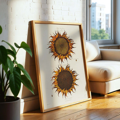 Botanical illustration of two vibrant orange sunflowers titled Ripe Sunflower by Robert John Thornton, framed and displayed in modern living room decor