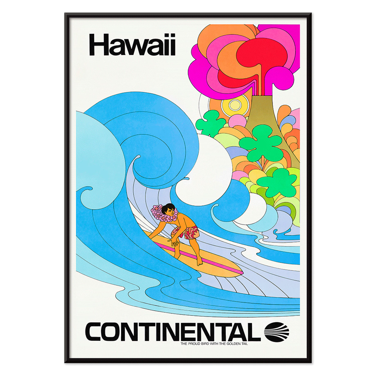 Colorful surfing scene artwork promoting Hawaii by Continental Airline featuring a surfer riding a vibrant wave titled Surf, with black aluminium frame on white background